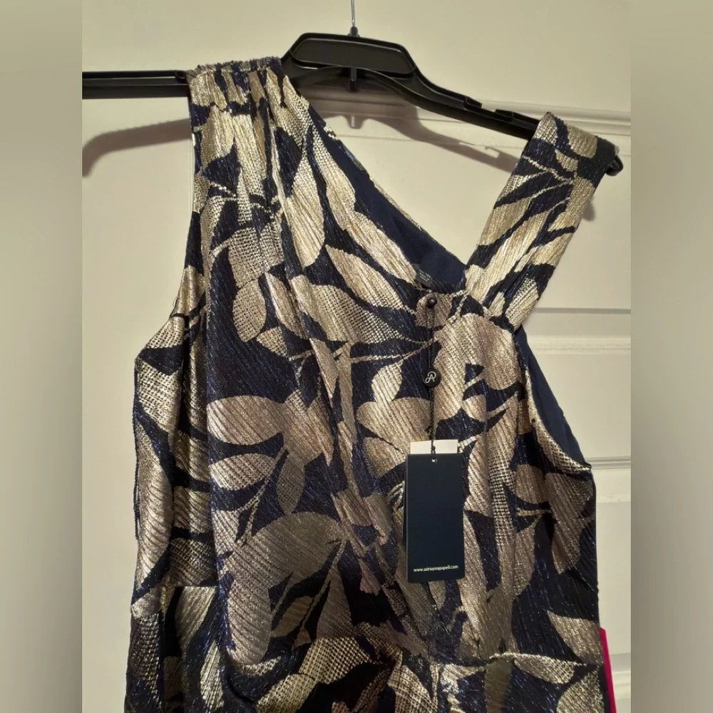 Adrianna Papell Navy and Gold Foil Asymmetric Gown - Picture 2 of 4